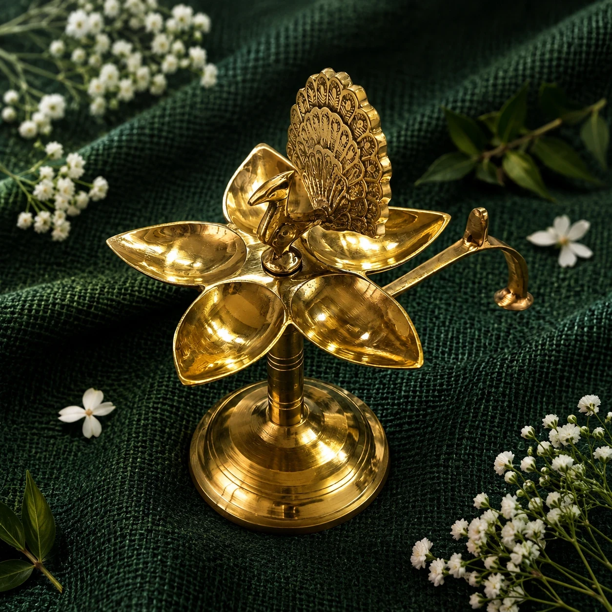 Brass Peacock Panch Prodip- Traditional Five-Wick Puja Lamp